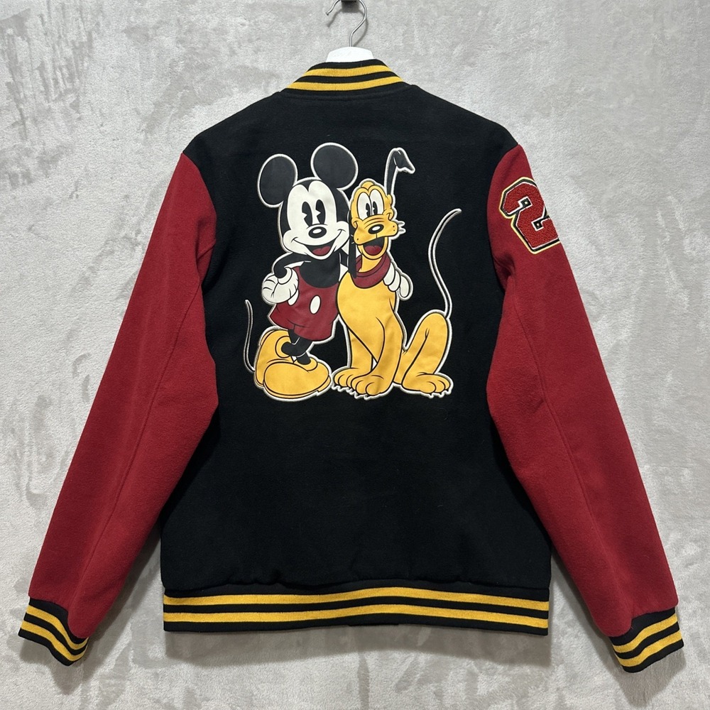 Vintage 90s Disney Mickey Mouse Pluto 28 Varsity Letterman Jacket Sz M Button Up - Picture 2 of 9